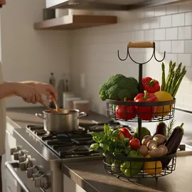 Relaxdays Obstkorb Etagere 2-stöckig, Obstschale für die Küche, moderner Metallkorb für Obst und Gemüse, Metall, schwarz