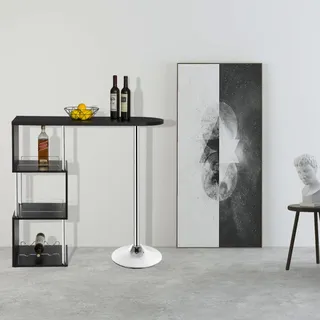 Woltu S-förmiger Bar-Tisch mit Stauraum, Stehtisch mit Weinregalen, Bistro-Tisch aus Metall & Holz, Theke-Tisch für Küche, Bar, Wohnzimmer, 113 x 40 x 105 cm, Schwarz