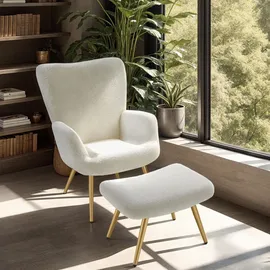 Tectake Relaxsessel Hygge gepolstert 71 x 100,5 x 73 cm Beige mit Hocker
