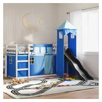 furnicato Bett Hochbett mit Rutsche aus massivem Kiefernholz Weiß 205,5x97,5x113 cm (1-tlg), Kinderbett mit Vorhängen, Kletterleiter und Wandhalterung im Zimmer blau