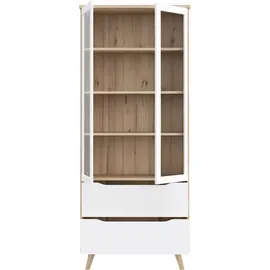 Forte VANKKA Stauraumvitrine", planked eiche, weiß, B:84,7cm H:201,5cm T:42cm, Spanplatte, Schränke, Vitrine, 2 Glastüre, Grifflos, zeitloses Design, 2 Schubkästen