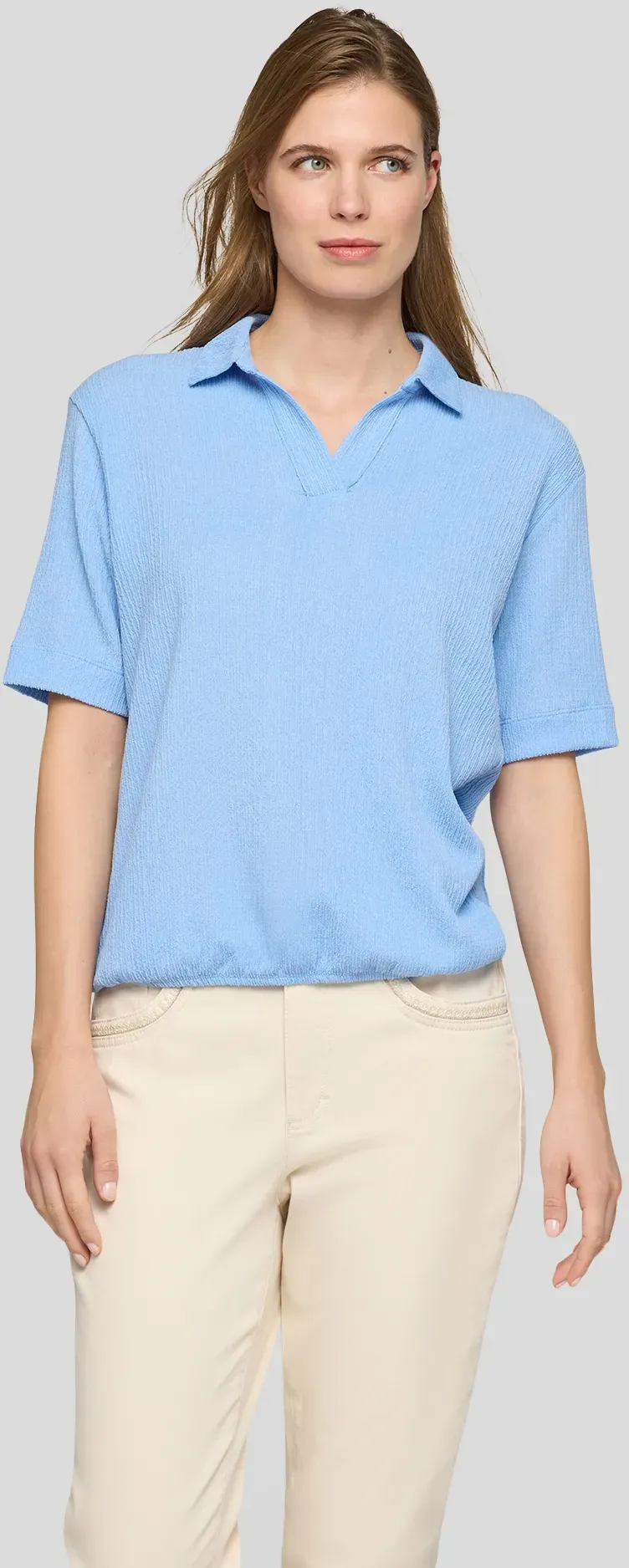 Poloshirt RABE, Damen, Gr. 36, blau (ozean), Jersey, Obermaterial: 80% Polyester, 17% Viskose, 3% Elasthan, unifarben, normal hüftbedeckend, V-Ausschnitt, Shirts, in Crinkle-Optik