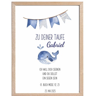 Poster Taufgeschenk Patenbrief WAL WAL-FISCH in blau & weiß vom Paten an das Kind Patengeschenk Taufgeschenk für Jungen personalisierbar mit Namen des Babys & Taufspruch Geschenk Taufe A3 29,7 x 42cm
