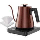 Schwanenhals Wasserkocher mit Temperatureinstellung 1.0L, Wasserkocher Retro Vintage 1000W, 100% Edelstahl Teekocher Elektrisch, LED Anzeige mit Touch Panel, Warmhaltefunktion, BPA-frei, Kupfer Design