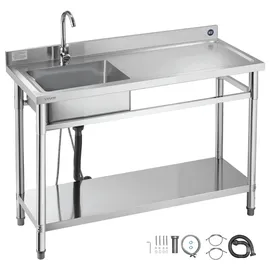 Vevor Spültisch Spülbecken Edelstahl (120 x 50 x 94 cm), Einzelbecken mit Wasserhahn & Ablage, Küchenspüle für Garage Restaurant Wäscherei, Waschtisch Außenspüle mit Arbeitsplatte (recht)