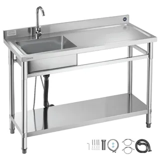 Vevor Spültisch Spülbecken Edelstahl (120 x 50 x 94 cm), Einzelbecken mit Wasserhahn & Ablage, Küchenspüle für Garage Restaurant Wäscherei, Waschtisch Außenspüle mit Arbeitsplatte (recht)