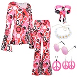 Kostüm Hippie Damen Erwachsene 70er Jahre 60er Disco Outfit Damen Kostüm Hippie Kostüm 70er Jahre Vintage Damen Halskette Peace and Love Hippie Brille Jahre 70er Hemd Zubehör XXL