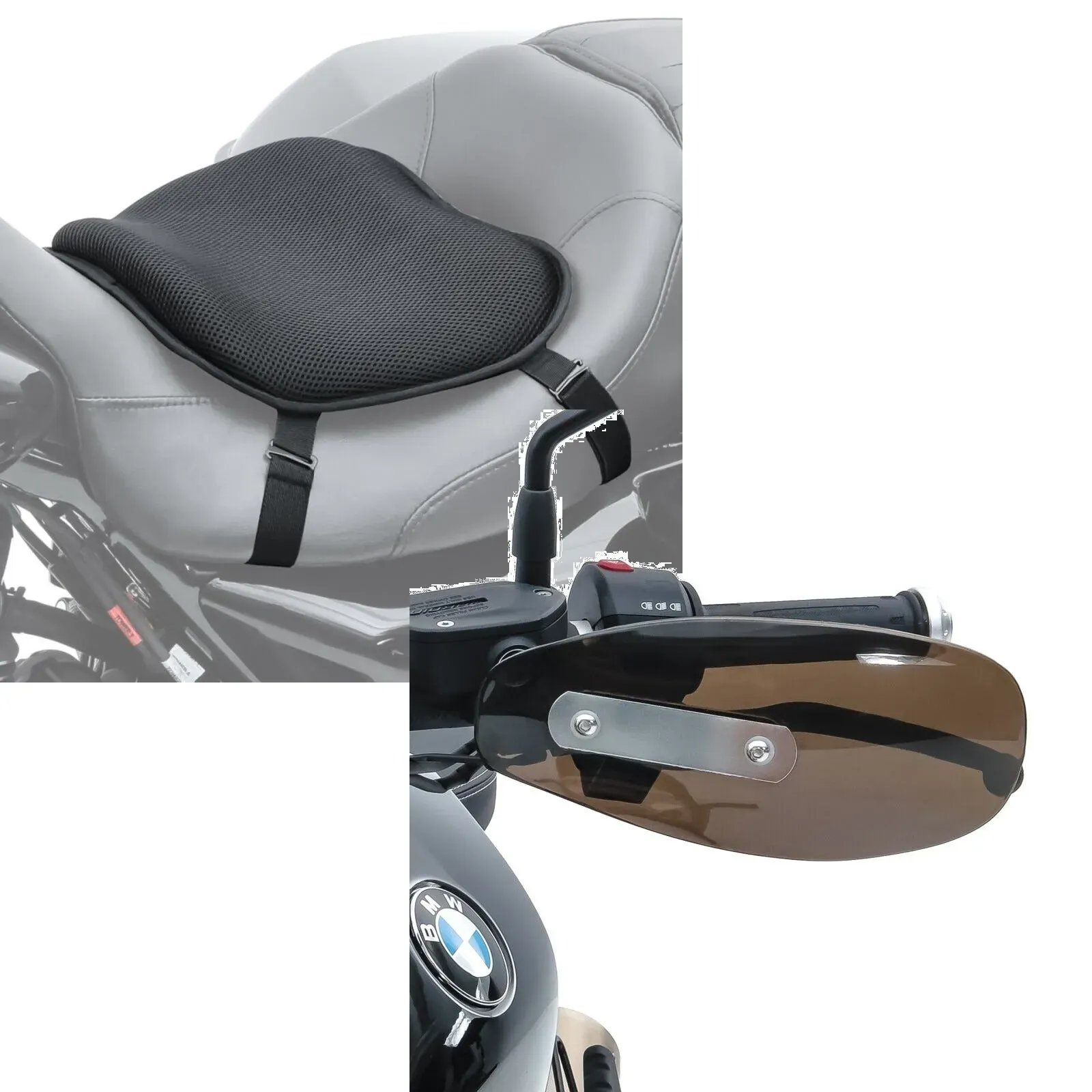 Set: Motorrad Gel Sitzkissen Tourtecs L Komfortkissen universal in schwarz + Handprotektoren Universal Tourtecs HP Lenkerschutz dunkel getönt