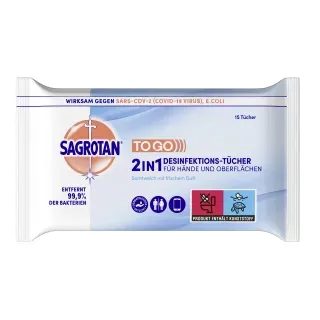 SAGROTAN 2in1 Desinfektionstücher, Feuchttücher zur Hand- und Flächendesinfektion, 1 Packung = 15 Tücher