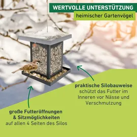 WINDHAGER Vogelfuttersilo View, Vogelfuttersilo, Vogelhaus, Futterspender für Vögel, modernes Vogelhäuschen, 16 x 16 x 17,5 cm, 07015, Schwarz/Silber