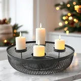 Metall Adventskranz schwarz für 4 Kerzen mit Gitterkorb für Deko - 34 cm - Kerzenständer mit 4 Kerzentellern und Dekokorb - Weihnachtskranz Kerzenhalter Kerzenständer mit Korb zum Dekorieren