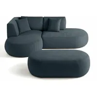 Lisa Design Santorini - 4-Sitzer Modulares Ecksofa links + Hocker - aus strukturiertem Stoff , Graublau - Grau