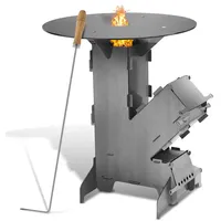 Raketenofen mit Grillplatte groß 5mm, Rocket Stove aus massivem 3 mm dickem Stahl,Holzofen mit Feuerhaken und 2 zusätzlichen Standfüßen,Kanonenofen Stecksystem,Outdoor für Camping, BBQ, Dutch Oven