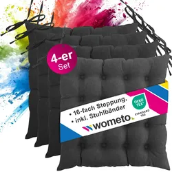 wometo 4er Set Sitzkissen Stuhlkissen 40x40 OEKO-TEX  - dunkelgrau Sitzauflage Bank Polster Sitzpolster mit Bändern / Schleife, Indoor / Outdoor