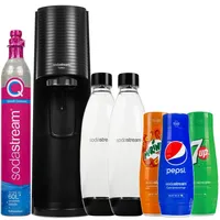 SodaStream Wassersprudler Terra Black mit 2 Flaschen + 3 Sirups (Pepsi, Mirinda, 7UP) 440ml