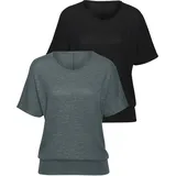 VIVANCE Kurzarmshirt "mit breitem Bund", Damen, Gr. 36/38, grün (graugrün, schwarz), Feinstrick, Obermaterial: 55% Polyester (REPREVE), 43% Viskose, 2% Elasthan, meliert, bequem normal, Rundhals, Shirts, aus luftigem Viskose-Feinstrick