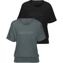VIVANCE Kurzarmshirt "mit breitem Bund", Damen, Gr. 36/38, grün (graugrün, schwarz), Feinstrick, Obermaterial: 55% Polyester (REPREVE), 43% Viskose, 2% Elasthan, meliert, bequem normal, Rundhals, Shirts, aus luftigem Viskose-Feinstrick