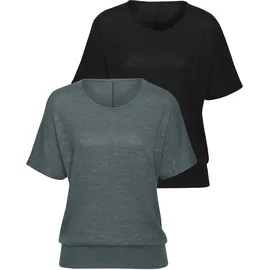 VIVANCE Kurzarmshirt "mit breitem Bund", Damen, Gr. 36/38, grün (graugrün, schwarz), Feinstrick, Obermaterial: 55% Polyester (REPREVE), 43% Viskose, 2% Elasthan, meliert, bequem normal, Rundhals, Shirts, aus luftigem Viskose-Feinstrick