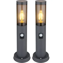 GLOBO Außenbeleuchtung Standleuchte Sockelleuchte rauch anthrazit Außen mit Bewegungsmelder Garten Stehlampe, Metall Kunststoff, 1x E27, DxH 7,6x45 cm, 2er Set