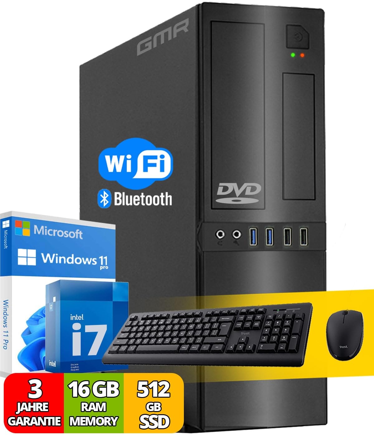 Intel Office PC Komplett mit Tastatur und Maus | Intel i7 | 16 GB RAM | 512 GB SSD | DVD-Brenner | WiFi 600 und Bluetooth 5 | USB3 | Windows 11 Pro | 3 Jahren Garantie!