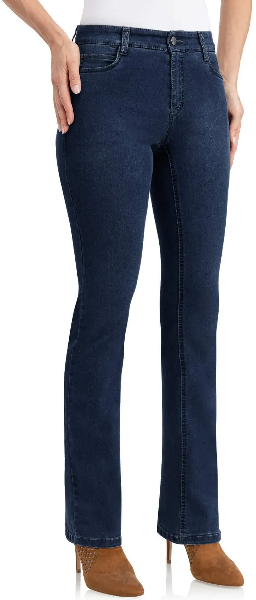 Bootcut-Jeans WONDERJEANS, Damen, Gr. 42, Länge 30, blau (blau used), Denim/Jeans, Obermaterial: 48% Polyester, 30% Baumwolle, 12% Viskose, 6% Lyocell, 4% Elasthan, figurbetont lang, Jeans, Figurbetonte Form mit leicht ausgestelltem Bein