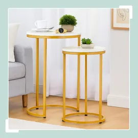 Relaxdays Satztisch, 2er Set, 2 Größen, Marmoroptik, Metall, runde Beistelltische, Wohnzimmer Couchtisch, weiß/gold
