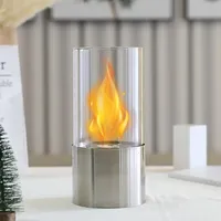 JHY DESIGN Tragbarer Tischkamin mit zylindrischem Glas 26cm hoch Tischfeuerschale Topf Saubere Verbrennung Bio Ethanol Ventless Feuerstelle für Innen Außen Terrasse Partys (Silber)