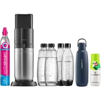 SodaStream Wassersprudler DUO mit Quick-Connect CO2-Zylinder | inkl. 2x 1L Glasflasche + 2x 1L FUSE Kunststoffflasche + 0,9L Fizz&go COOL Metallflasche in Storm + Sirup 7UP Zero Zucker (440ml)