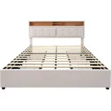 Polsterbett 140x200cm Doppelbett (Ohne Matratze) Beige Leinen Höhenverstellbarem Kopfteil Mit 4 Schubladen und USB C Steckdose Lattenrost aus Holz - Beige