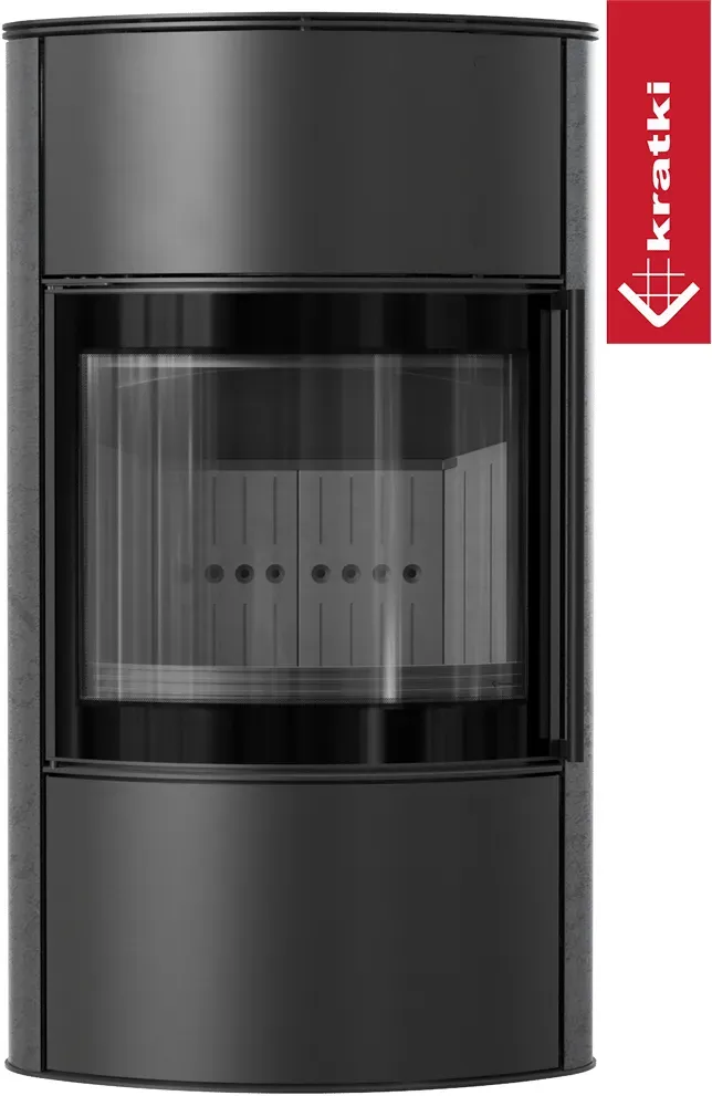 BJORN Ø 150 7 kW freistehender Stahlofen Hohe dekorative GRAFITE SATIN-Speicherkeramik; Stahlabdeckung; schwarzes Thermotec