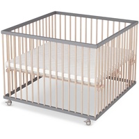 Sämann Laufstall Baby 100x100 cm mit Matratze | TÜV geprüft 2023 | stufenlos höhenverstellbar | Laufgitter Premium | Babybett aus Holz | Krabbelgitter grau/natur