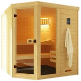 Weka Massivholz-Elementsauna Laukkala 3 mit Glastür+Fenster - 38 mm mit Eckeinstieg 7,5 kW Saunaofen OS inkl. Steuerung Ohne Ofen inkl. gratis Farblichtanwendung & 10-teiliges Sauna-Set im Gesamtwert von 620,39 €