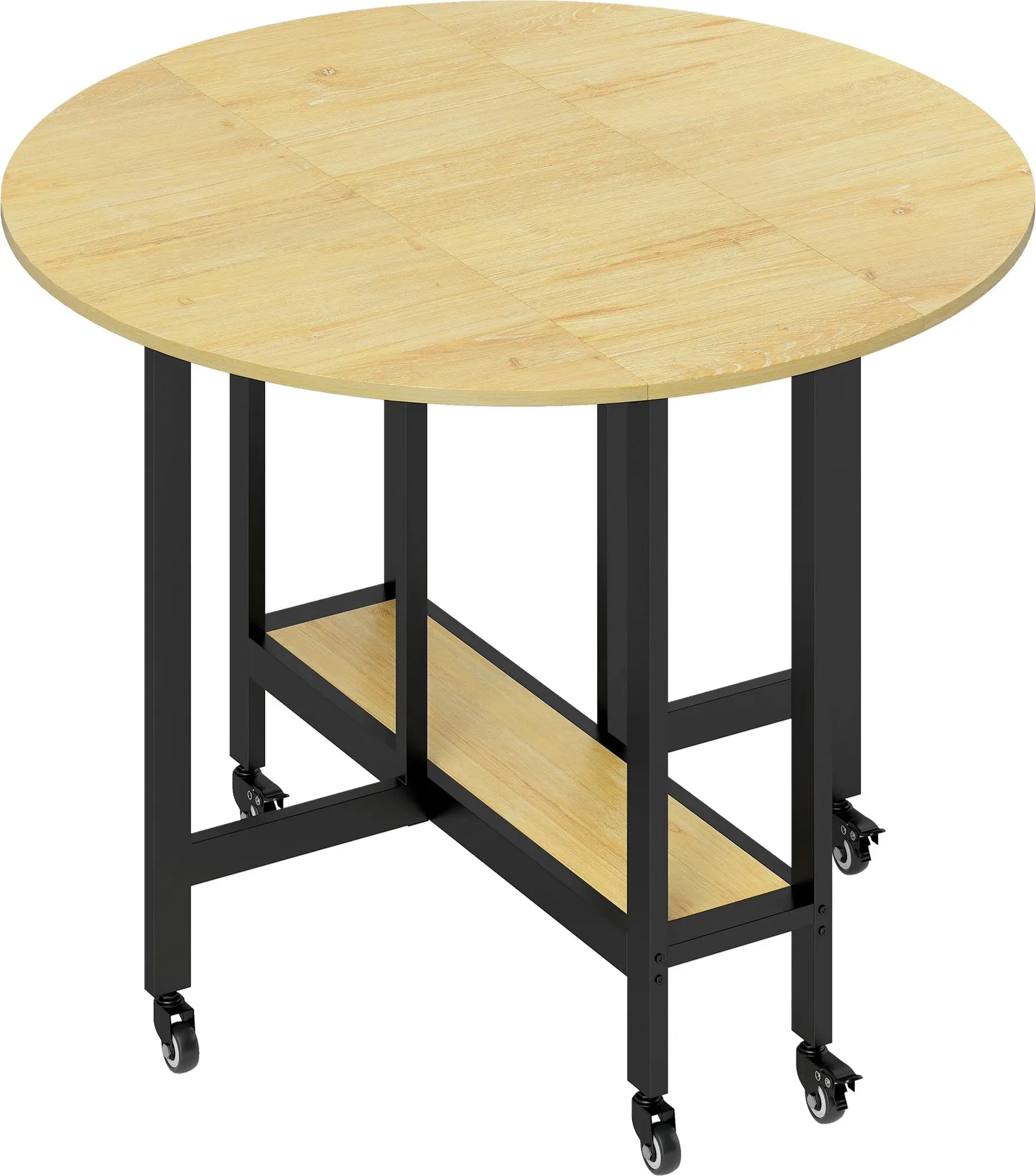 HOMCOM Klapp-Esstisch auf Rollen, runder Küchentisch für 4 Personen mit 2 Klappen und unterer Ablage, für kleine Räume, Esszimmer, 100 x 100 x 75 cm, Eiche   Aosom
