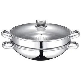Baumalu Wok Baumalu 2 in 1 Edelstahl 32 cm mit Dampf-Einsatz und Glasdeckel