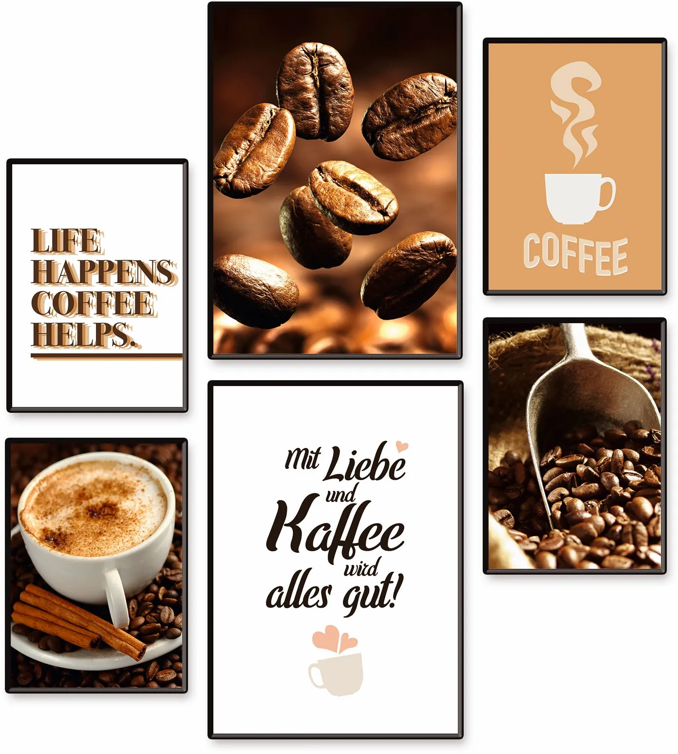 Poster »Kaffee Vielfalt«, Kaffee Bilder, (Set, 6 St.), 6er Set, 2xDIN A3 / 4xDIN A4, ohne Rahmen, 71383329-0 braun B/H/T: 42 cm x 29,7 cm x 0,1 cm