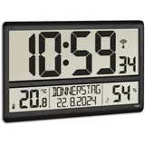 TFA Dostmann 60.4520.01 Funk Wanduhr digital, mit Temperatur und Luftfeuchtigkeit, Wochentag (8 Sprachen), Funkuhr, Schwarz