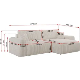 MKS Meble Eckcouch Cord 2-Sitzer Beige