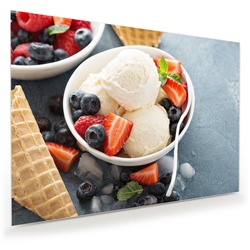 Primedeco Glasbild Wandbild Vanilleeis und Früchte mit Aufhängung, Süsses grau 100 cm x 70 cm