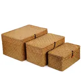 Rattankorb Aufbewahrungskorb aus Seegras mit Deckel Natürliches Material 3 Stück (Groß + Mittel + Klein)