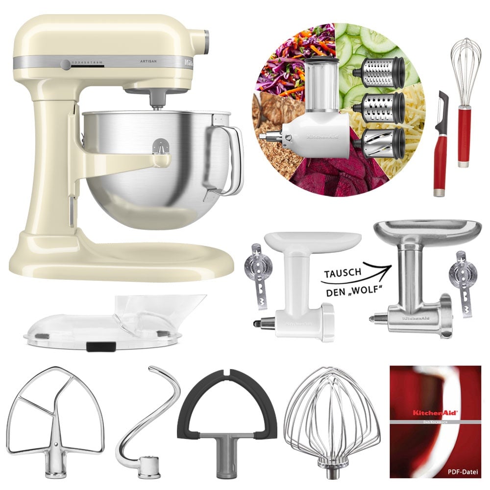 Preisvergleich Produktbild KitchenAid Artisan 6,6L 5KSM70SHX Fleischwolf Gemüse Set Creme/Mandel