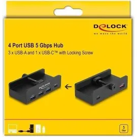 DeLock 64284 - 5 Gbps 4 Port Hub 3 x USB Typ-A und 1 x USB Type-CTM mit Feststellschraube, USB-Hub Schwarz