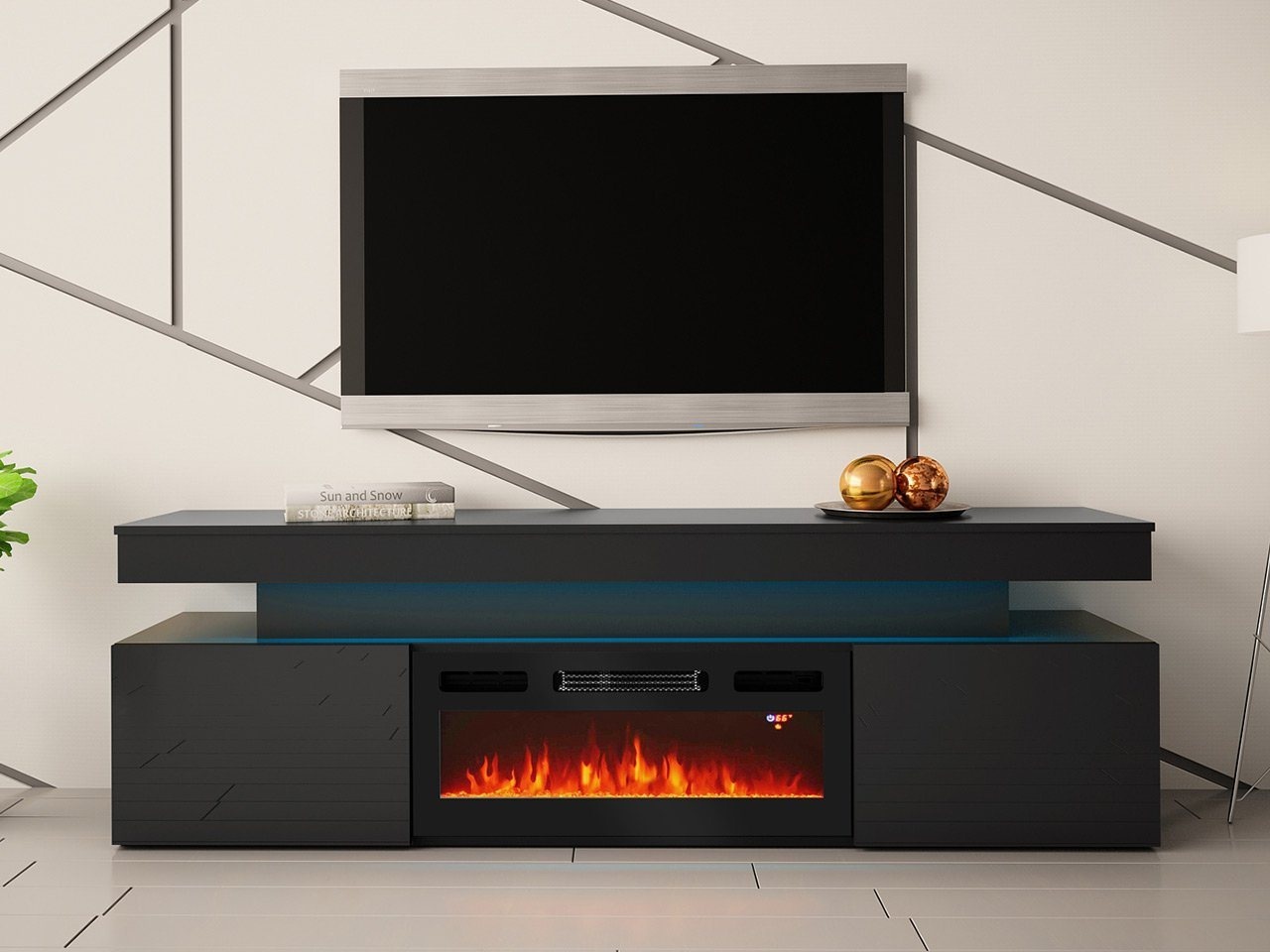 MIRJAN24 TV-Schrank EF 2D Glossa mit Kamin (mit zwei Drehtüren) mit blauer LED-Beleuchtung, Realistische LED-Flamme schwarz