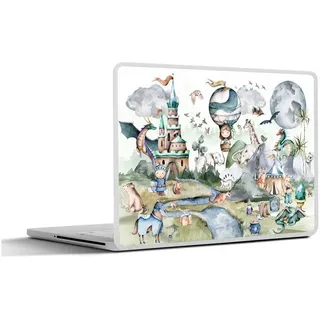 MuchoWow Laptop-Aufkleber Kinder - Heißluftballon - Drache - Jungen - Burg - Aquarell, (1tlg), Laptop Folien Cover, Aufkleber, Sticker, Schutz vor Kratzern, 30x21 cm bunt Ø 36.40 cm x 30 cm x 21 cm