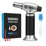 SONDIKO Flambierbrenner Crème Brûlée Bunsenbrenner Grillanzünder Lötbrenner nachfüllbar, (Premium vielseitiger Küchenbrenner, ideal für Küche und Outdoor., Gasbrenner inkl. Silikon-Küchenpinsel, vielseitig), Sicherheitsschloss verhindert versehentliches Zünden grau|silberfarben