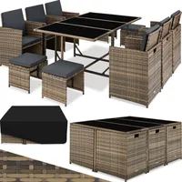 tectake® Outdoor Balkon Gartenmöbel Set, Lounge mit 6 Stühlen, 4 Hocker, 1 Tisch und Schutzhülle, Poly Rattan Geflecht, wetterfest, platzsparend - Natur