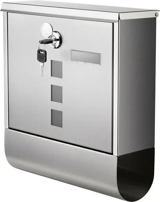 Ochama Briefkasten, Postkasten, Schloss mit Kupfer-Schließzylinder und drehbarer Abdeckung, Sichtfenster, Namensschild, Zeitungsfach, silbern