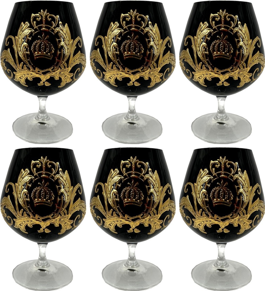 Pompöös by Casa Padrino Luxus Cognacglas Set Schwarz / Gold Ø 9 x H. 14,5 cm - Cognacgläser mit 24 Karat Vergoldung - Pompööse Gläser designed by Harald Glööckler