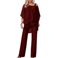 Damen Hosenanzüge Elegant Hochzeit Gäste Hosenanzug 2-teiliges Chiffon Formelles Outfit Übergröße Abschlussball Abend Zweiteiliger Hosenanzug Mutter der Braut Hosenanzug, #02 Rot, 3XL - 3XL