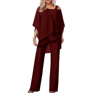 Damen Hosenanzüge Elegant Hochzeit Gäste Hosenanzug 2-teiliges Chiffon Formelles Outfit Übergröße Abschlussball Abend Zweiteiliger Hosenanzug Mutter der Braut Hosenanzug, #02 Rot, 3XL - 3XL