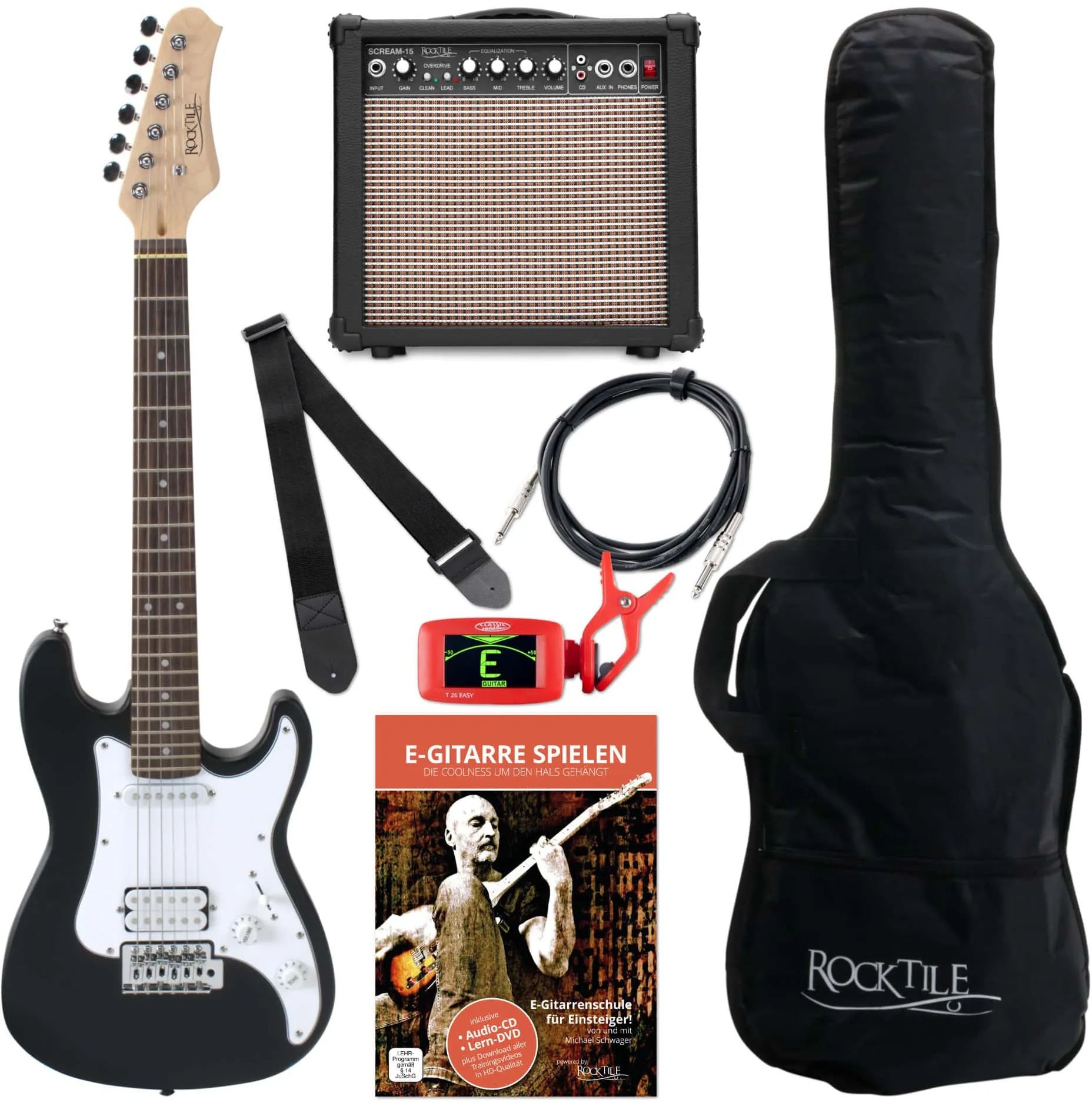 Rocktile Sphere Junior E-Gitarre 3/4 Schwarz Set inkl. Verstärker, Stimmgerät, Kabel, Gurt und Schule inkl. CD/DVD